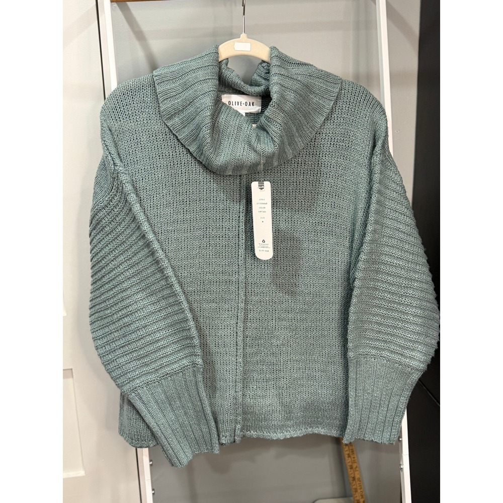 Olive + Oak Airy Sage Cowl Neck Sweater Recycled Knit Pullover M Cottagecore